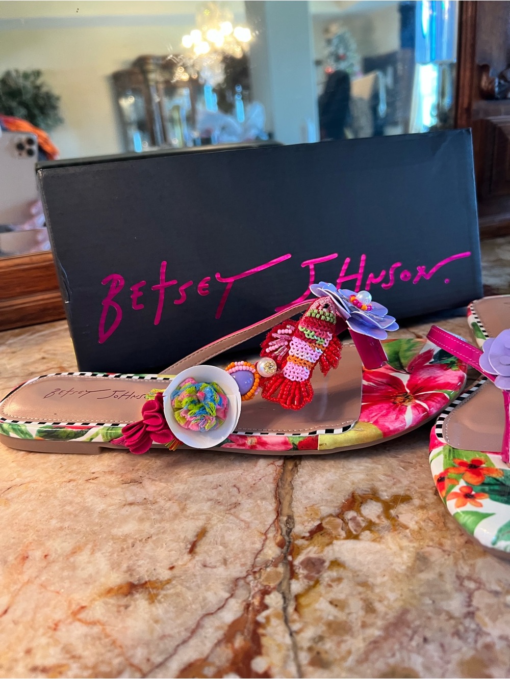 Betsey Johnson Pink Multi Floral Beaded Slide Sandals - Picture 3 of 14